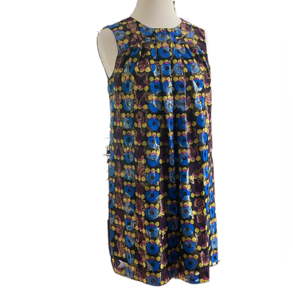 Offer  Anna Sui sleeveless gold blue yellow flowers circles party mini dress 1